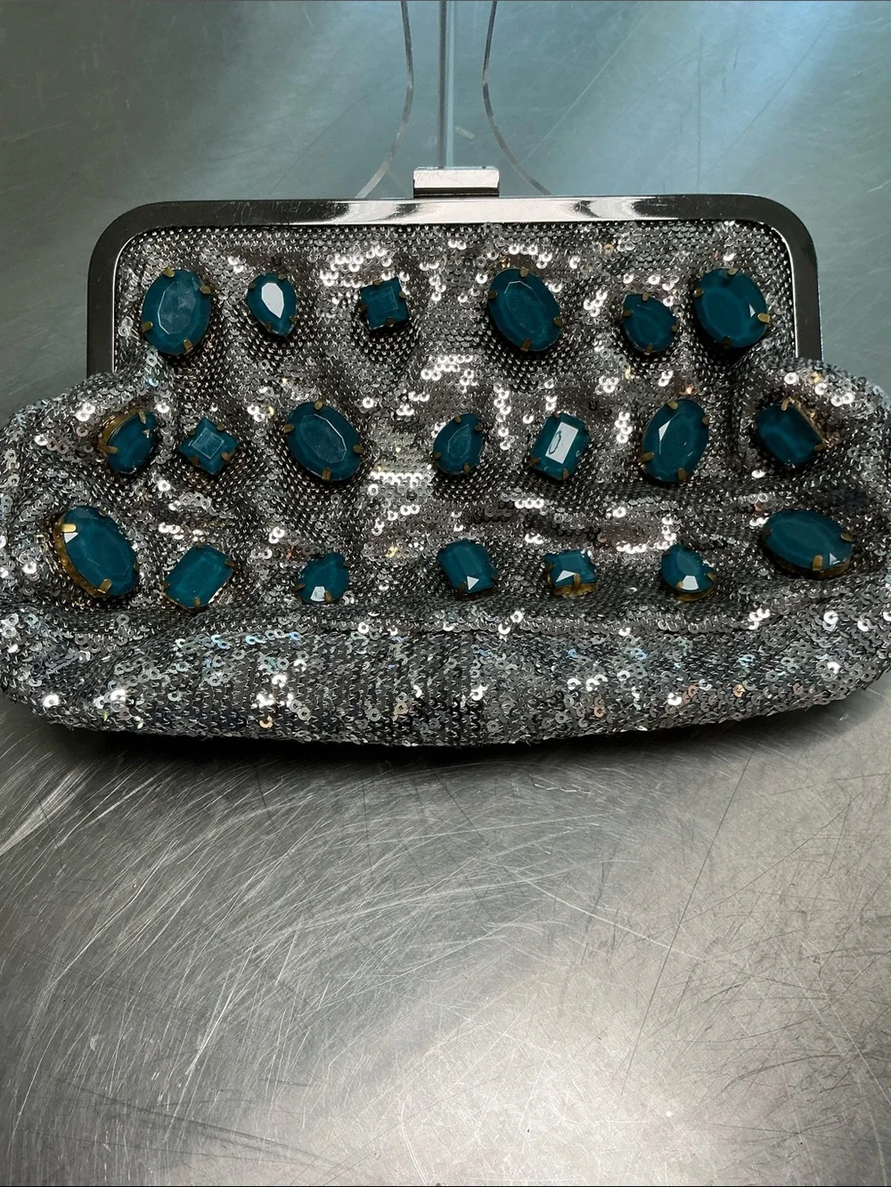 CLUTCH silver glitter, beaded front, never used!